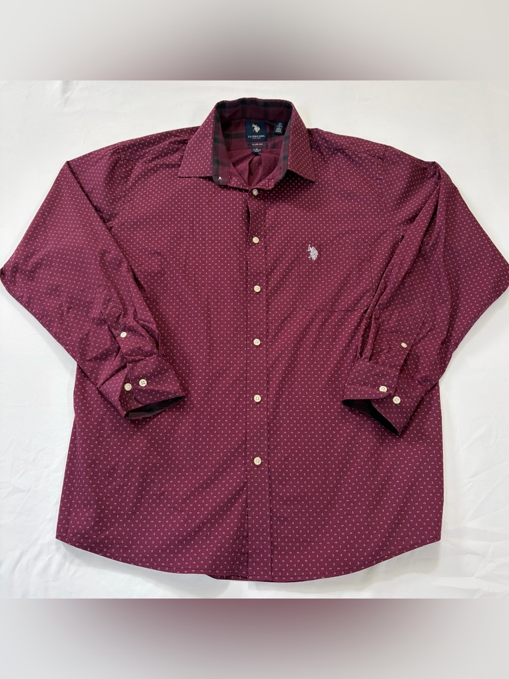U.S. Polo Assn. Men's Burgundy Dot-Print Long Sleeve Shirt XL Slim Fit